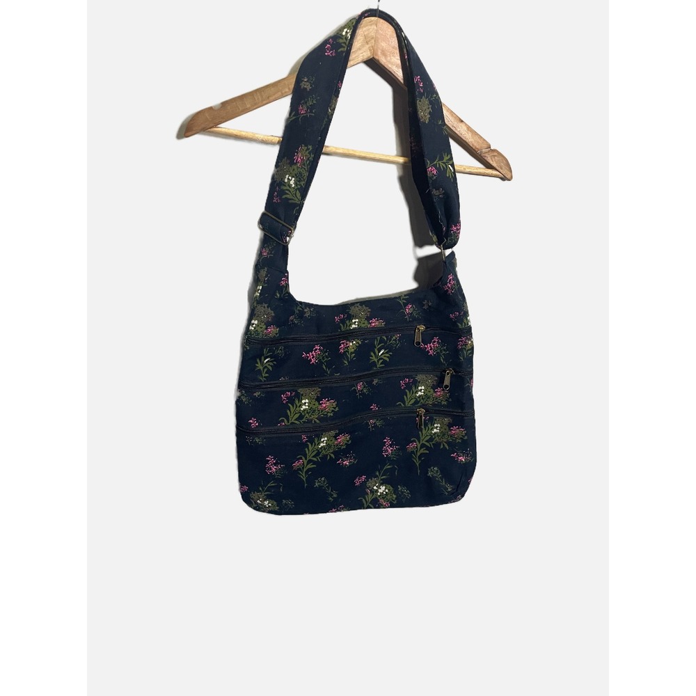 Unbranded Crossbody Bag Women Large Navy Blue Floral Canvas Multi Pocket Boho